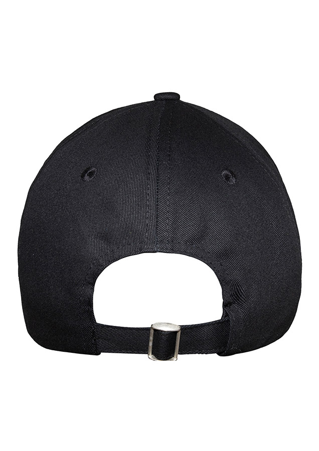 Rückansicht schwarze Base Cap mit verstellbarer Schiebeschnalle, atmungsaktivem Design und klassischem 5-Panel-Stil