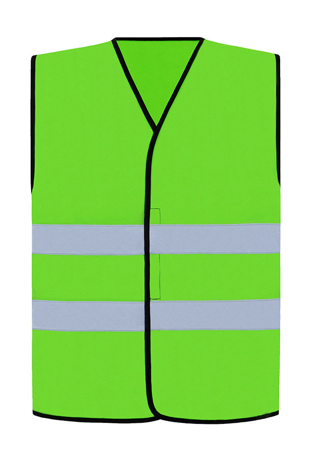 Erwachsener in gelber Korntex Warnweste mit Klettverschluss und schwarzem Saum steht auf einer Baustelle.