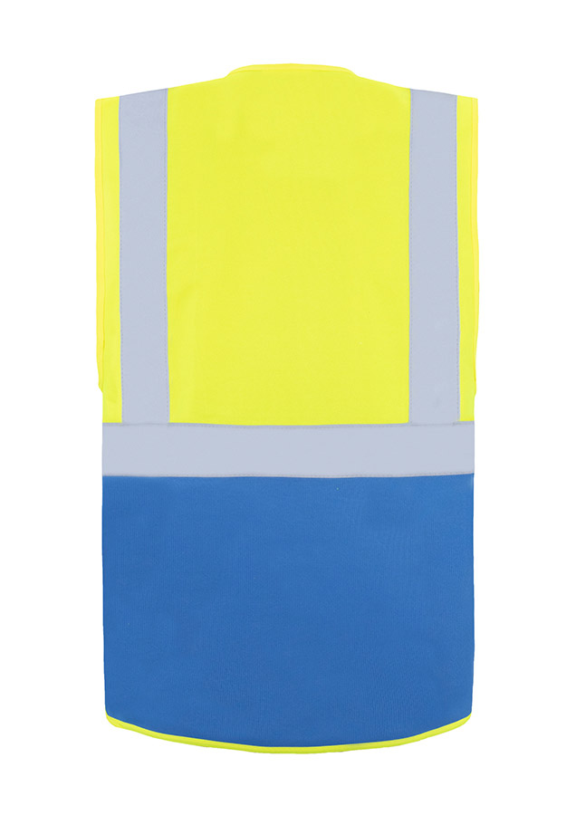 Gelb-blaue Warnweste mit Reflexstreifen und Reißverschluss