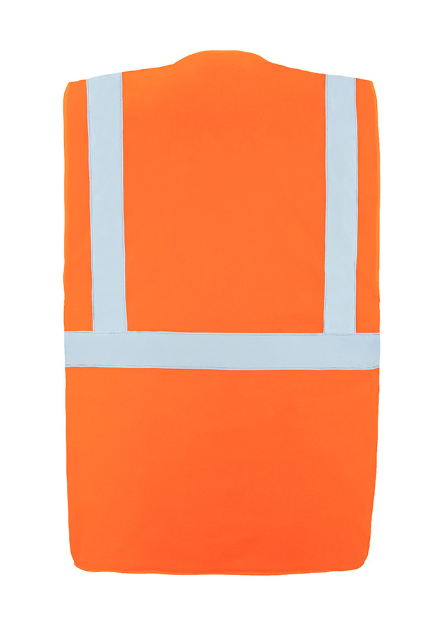 Multifunktionell orange säkerhetsväst med reflexband och dragkedja, fodrad