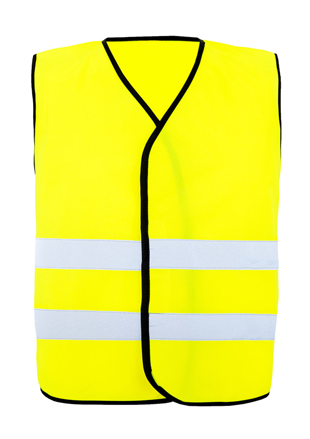 Erwachsener in gelber Korntex Warnweste mit Klettverschluss und schwarzem Saum steht auf einer Baustelle.