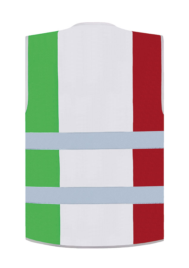 Freudestrahlender Erwachsener Mann in italienischer Korntex Nationen-Warnweste schwenkt eine Fahne vor einem Stadion