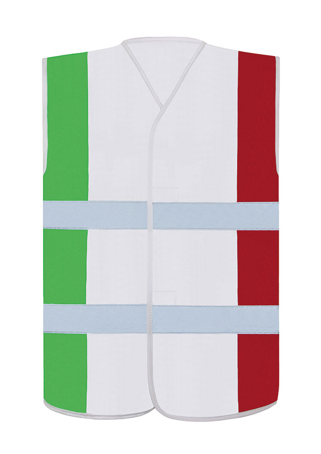 Freudestrahlender Erwachsener Mann in italienischer Korntex Nationen-Warnweste schwenkt eine Fahne vor einem Stadion