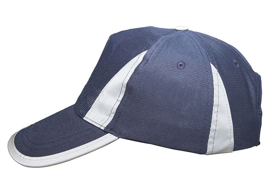 Baseball-Cap „Nice“ in Polyester mit Reflexsegmenten und silber-reflektierender Schirmkante, größenverstellbar für hohe Sichtbarkeit.
