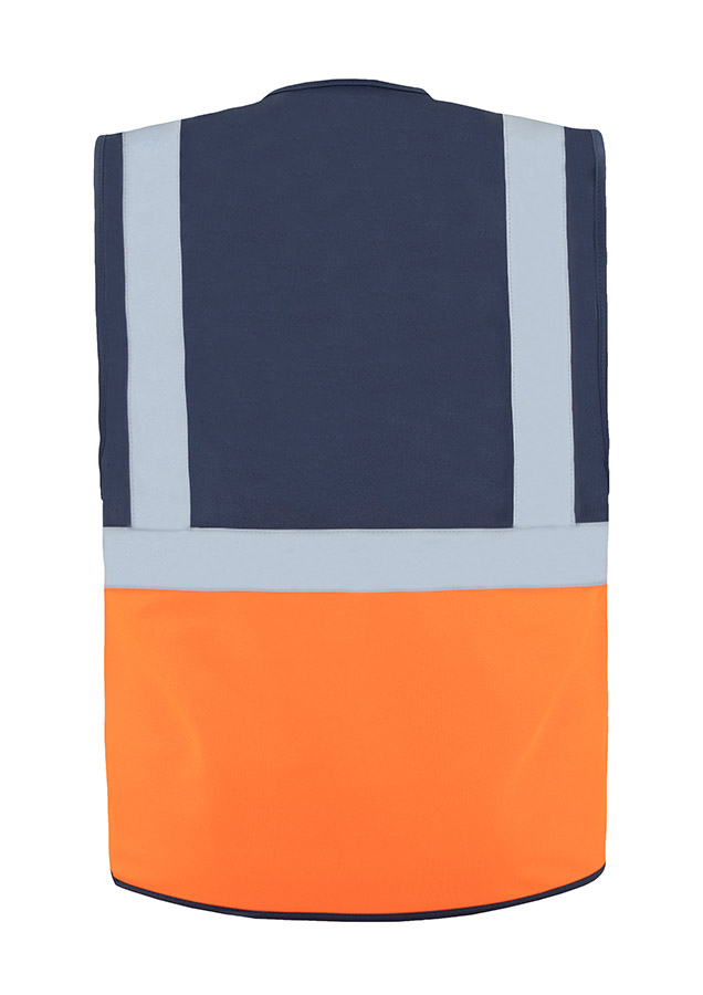 Zweifarbige Warnweste in Blau und Orange mit Reißverschluss, Reflexstreifen und Taschen