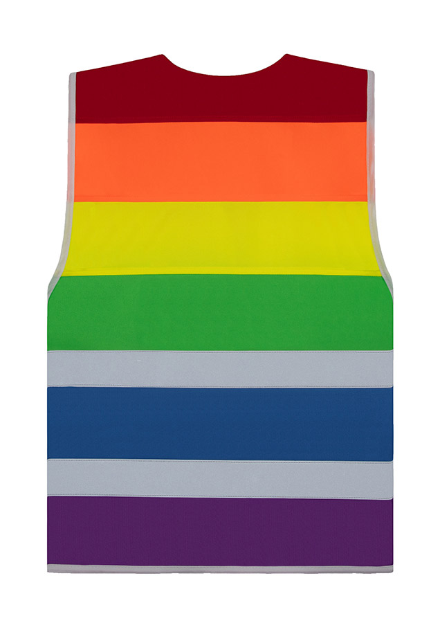 Rückansicht Pride Warnweste mit Regenbogenfarben von Korntex