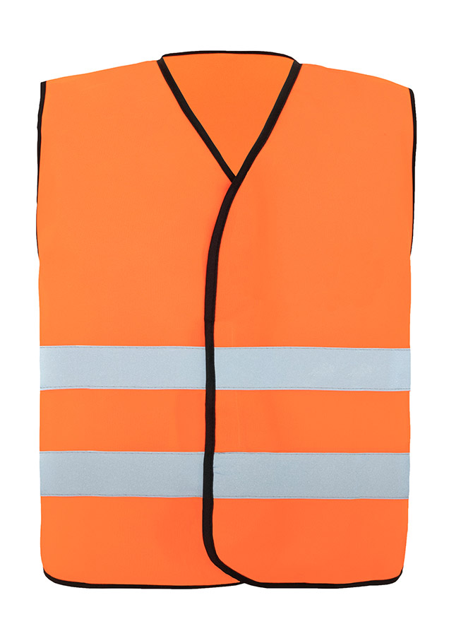 Erwachsener in gelber Korntex Warnweste mit Klettverschluss und schwarzem Saum steht auf einer Baustelle.