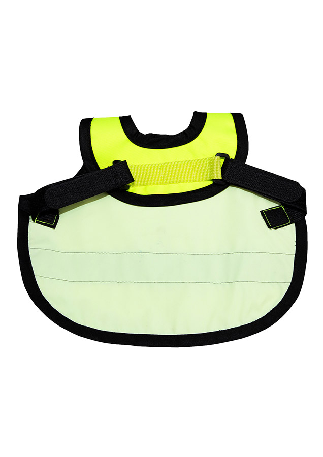 Hühner-Weste Rosario in leuchtender Farbe mit Reflexstreifen, schwarzem Einfassband und verstellbarem Klettverschluss, für sicheren Schutz vor Greifvögeln